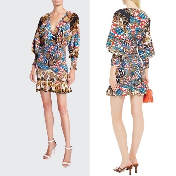 NWT RHODE Anya Printed Blouson-Sleeve Smocked Dress In Chain Print - Picture 3 of 13